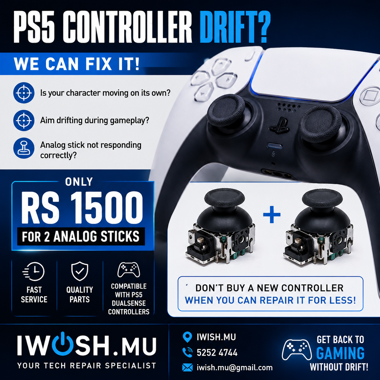 PS5 Controller Drift Repair - Dual Analog Stick Replacement (2 Sticks Hall effect)